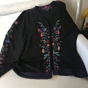 Vintage Johnny Was Los Angeles XXL Black Cotton Jacket with Folk Embroidery